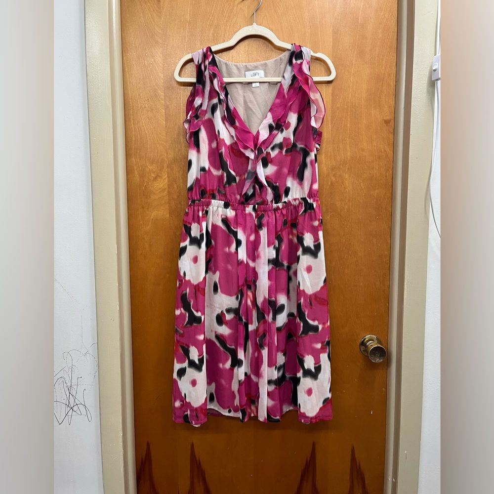 LOFT Pink and Black Patterned Dress